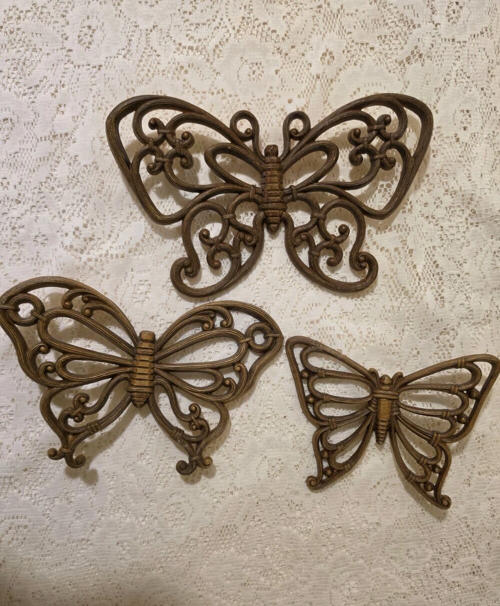 Vintage 1978 Homco Butterfly Wall Decor Set of 3 Faux Wicker Rattan MCM